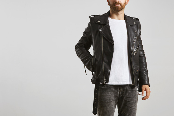 biker in black motorcycle leather jacket - 写真・画像