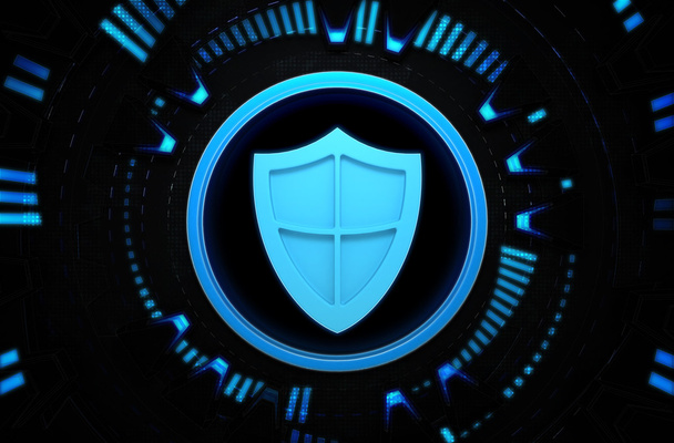 Security shield blue icon in the technology space - Photo, Image