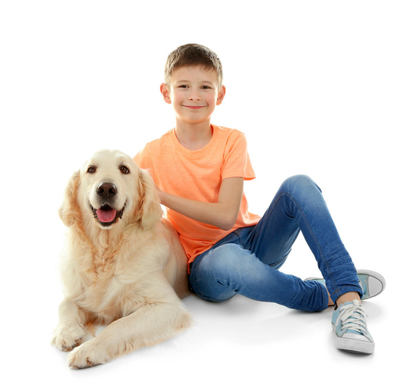 Small boy and cute dog, isolated on white - Photo, image
