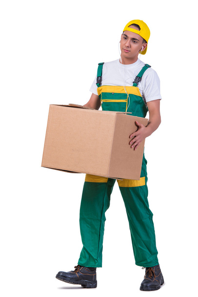 Young man moving boxes isolated on white - Foto, afbeelding
