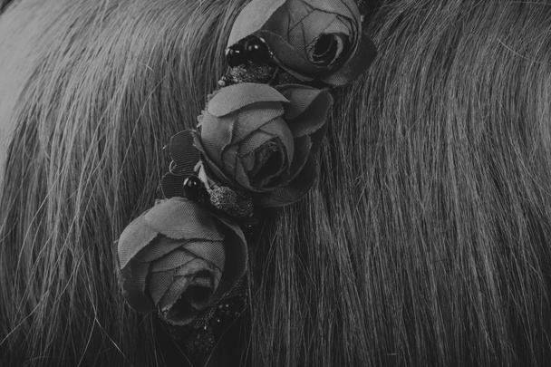 hübsche Brünette mit einem Kranz im Haar, Schwarz-Weiß-Foto - Foto, Bild