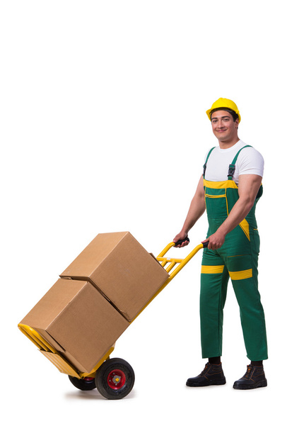 Man moving boxes isolated on the white background - Фото, изображение