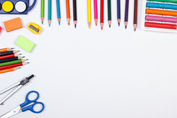 School accessories on white background, back to school concept, copy space for text - 写真・画像