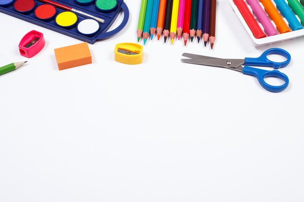 School accessories on white background, back to school concept, copy space for text - Foto, Imagen