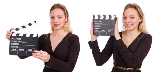 Brown dress girl holding clapperboard isolated on white - Photo, Image