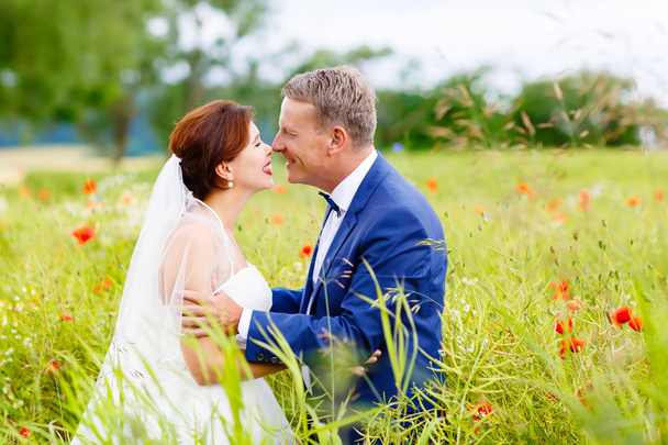 Heureux couple de mariage dans le champ de pavot rose
 - Photo, image