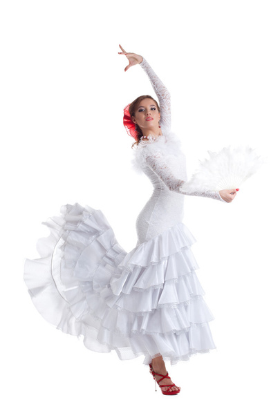Woman flamenco dancer in white costume isolated - Foto, afbeelding