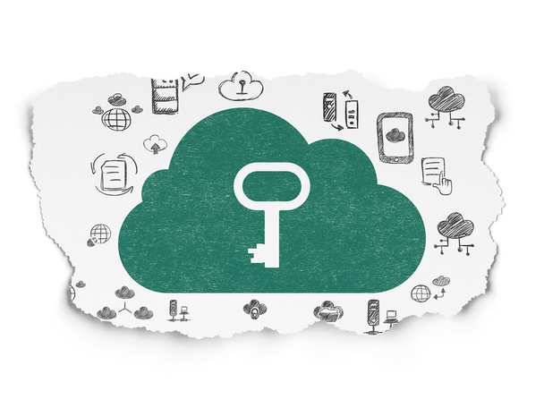 Cloud Computing koncepció: Cloud with kulcs a szakadt papír háttér - Fotó, kép
