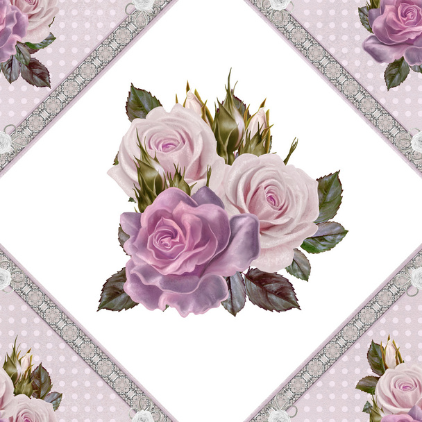 Pattern, seamless. Old style. Bouquet of flowers and pastel pink roses. Floral background. Fine weaving, lace, mosaic. Damascus ornament - Фото, изображение