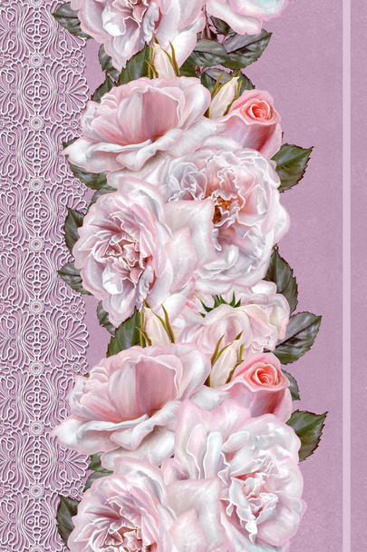 Vertical floral border. Pattern, seamless. Flower garland, bouquet of pink and lilac roses. Lace inserts openwork weaving, vintage. - Valokuva, kuva
