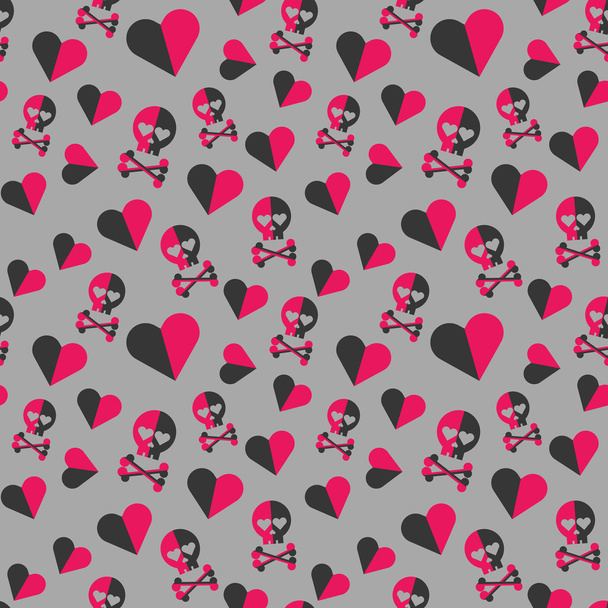 Skulls and hearts seamless pattern on a gray background. - Vecteur, image