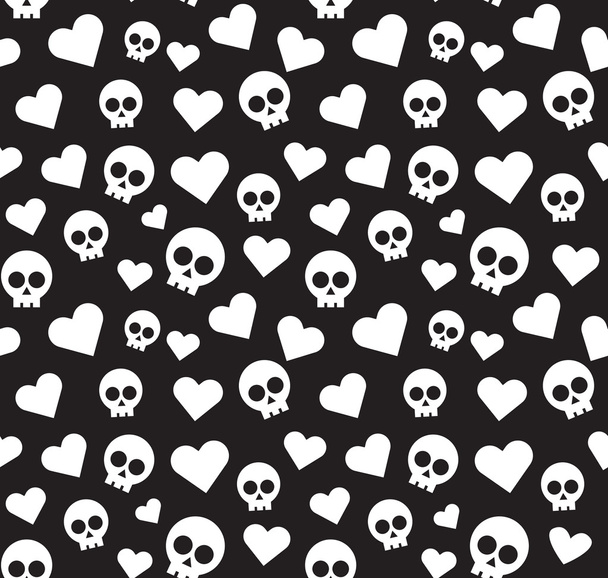 Skulls and hearts seamless pattern on a black background. - Vektor, Bild
