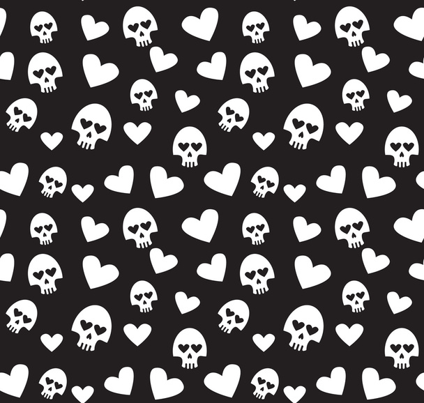 Skulls and hearts seamless pattern on a black background. - Вектор,изображение