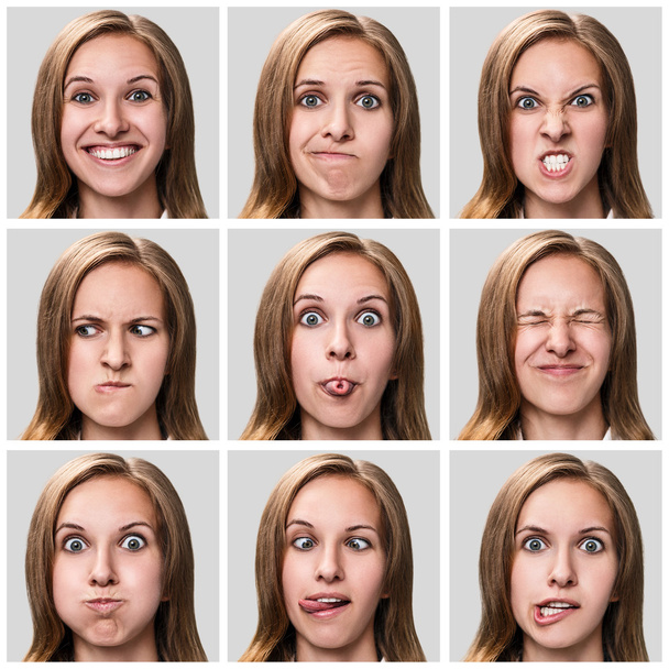 junge Frau drückt unterschiedliche Gefühle aus - Foto, Bild