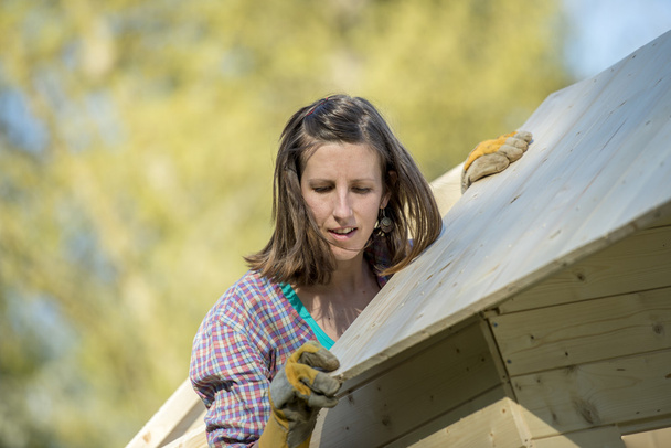 Frau montiert Dach an einer hölzernen Gartenhütte - Foto, Bild