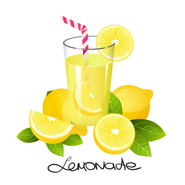 Fresh lemonade with lemon fruit slice. Realistic juicy citrus with leaves vector illustration isolated - Vector, Image