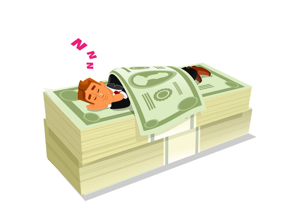 Geschäftsmann schläft auf einer Packung Bargeld oder Geld - Vektor, Bild