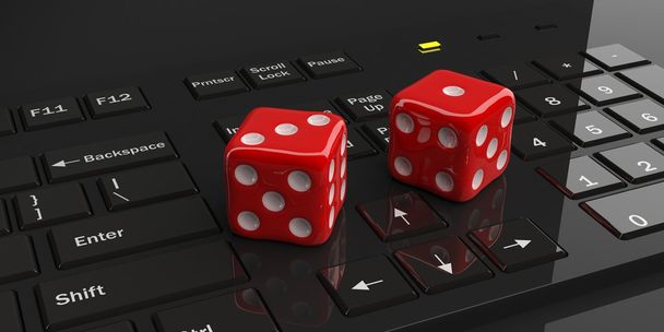 3D-Darstellung zweier roter Würfel auf einer Tastatur - Foto, Bild