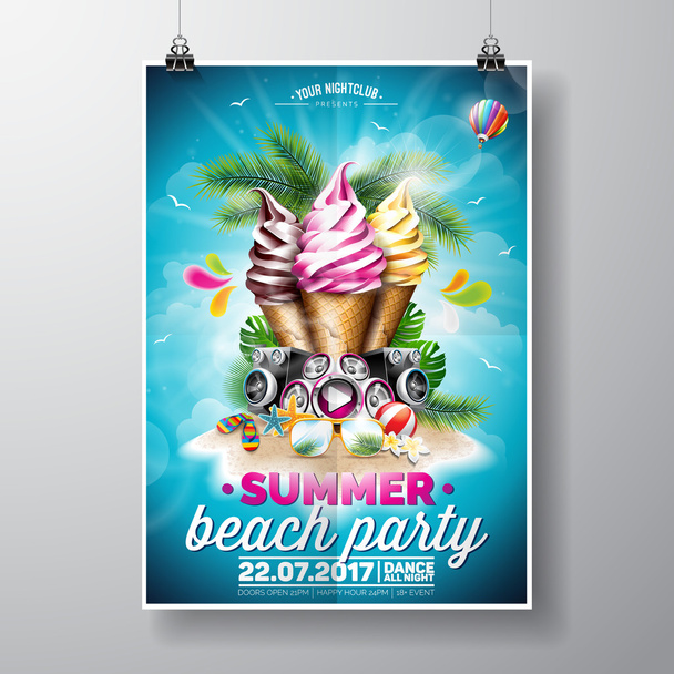 Vector Summer Beach Party Flyer Design with ice creams and music elements on ocean landscape background. Typographic design. - Vector, afbeelding