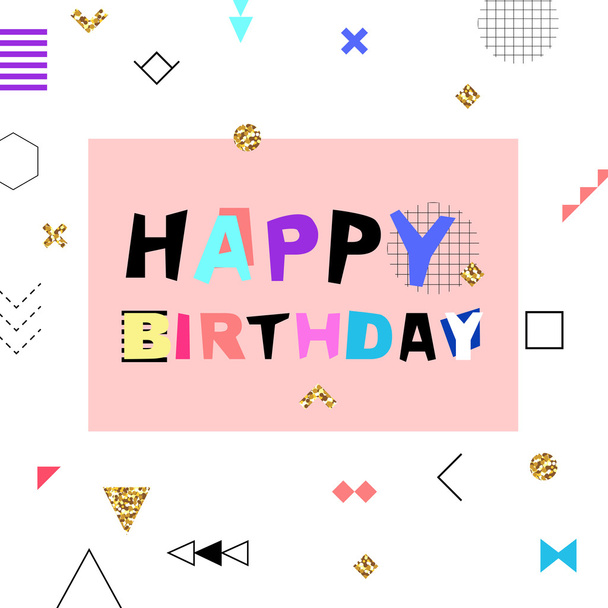 Feliz cumpleaños colorido estandarte en estilo tribal memphis geométrico con pastel de cumpleaños y velas. Ilustración vectorial
 - Vector, imagen