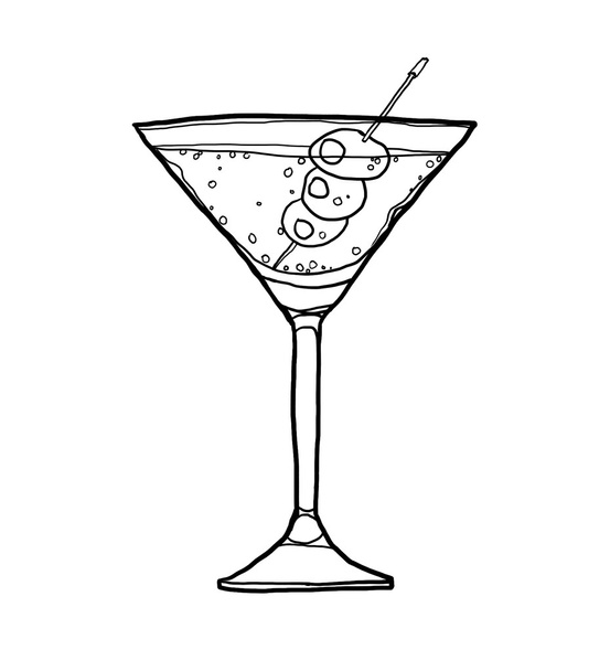 Оливкова Мартіні коктейль з оливковою боку звернено лінія мистецтвом Симпатичні illus - Фото, зображення