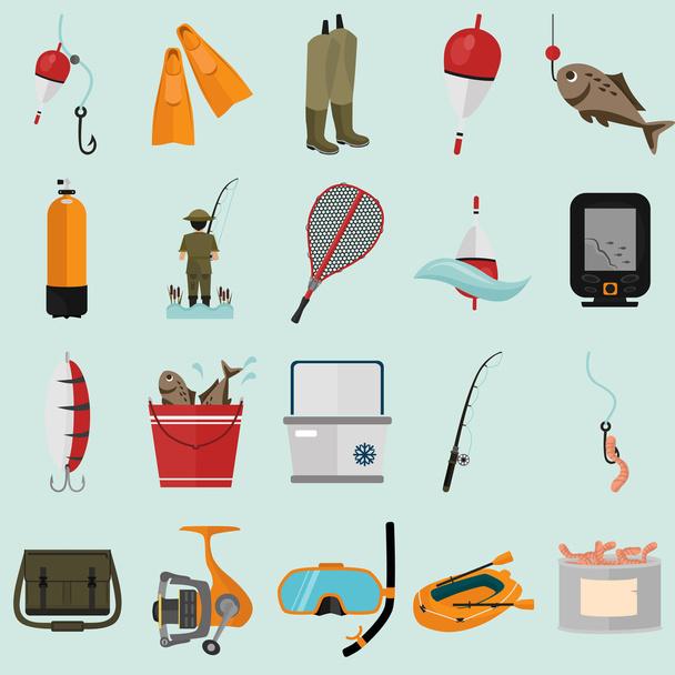 Húsz halászati színes lapos ikonok beállítása - Vektor, kép