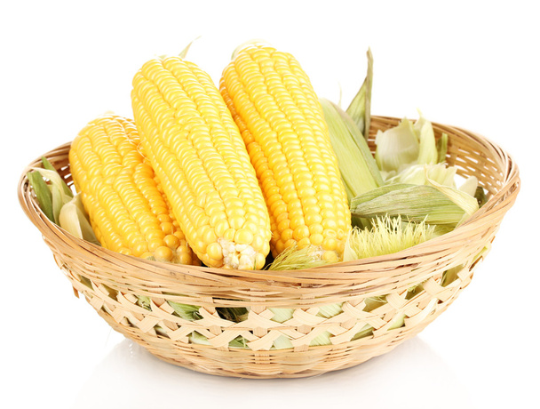 Fresh corn cobs in basket isolated on white - 写真・画像