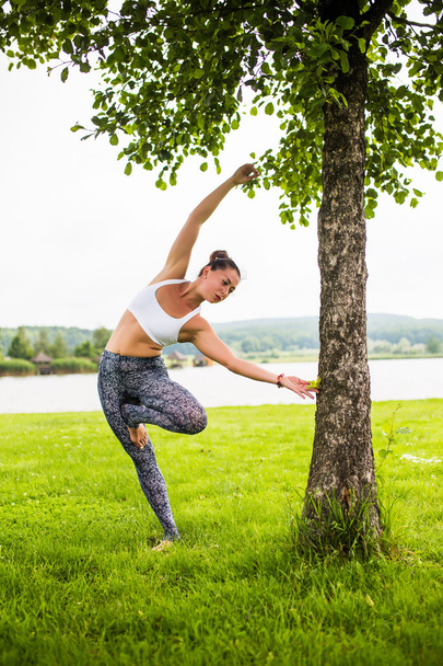 Yoga ragazza formazione all'aperto su sfondo natura. Concetto yoga
. - Foto, immagini