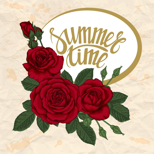 belo cartão postal com flores de rosas e folhas. A inscrição, lettering "hora de verão
" - Vetor, Imagem