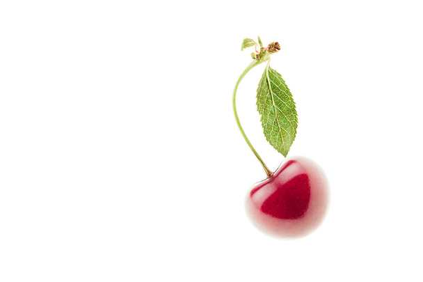 Single ripe cherry with a leaf on a white background. Isolated. Food background. Copy space. - Foto, afbeelding