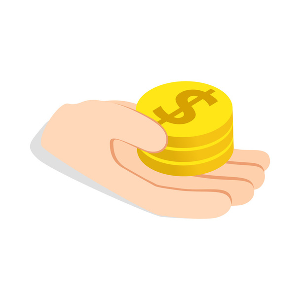 Hand holding coins icon, isometric 3d style - Vetor, Imagem