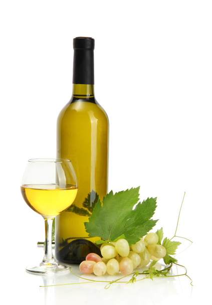 Bottle, glass of wine and ripe grapes isolated on white - Φωτογραφία, εικόνα