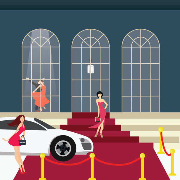 κόκκινο χαλί κορίτσι από το αυτοκίνητο αίγλη κόμμα - Διάνυσμα, εικόνα