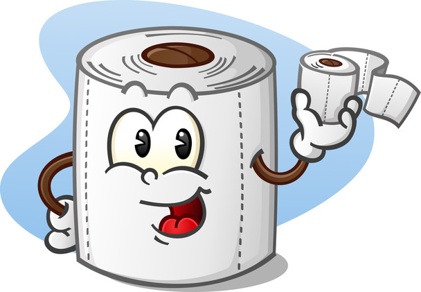 トイレット ペーパーのロールを保持している幸せのトイレット ペーパーの漫画のキャラクター - ベクター画像