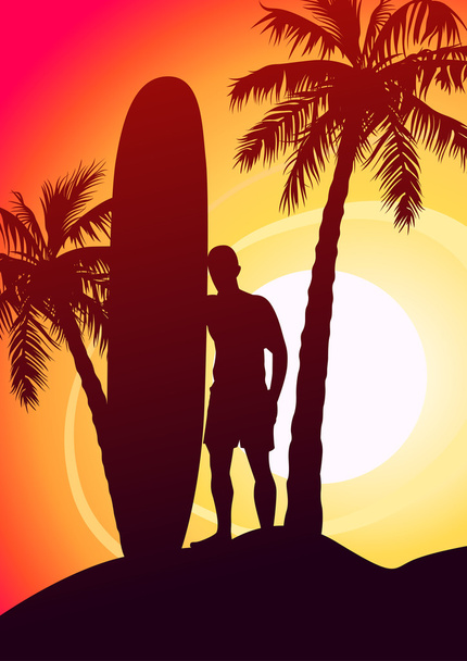 Серфинг парень с доской для серфинга и пальмами
 - Вектор,изображение
