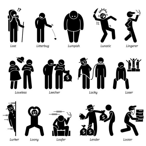 Personalità negative Tratti caratteriali. Stick Figures Man Icons. A partire dall'alfabeto L
. - Vettoriali, immagini