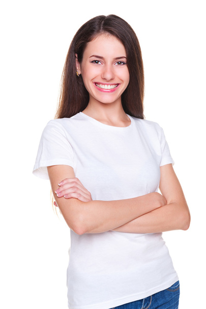 Woman in white t-shirt standing - Фото, зображення