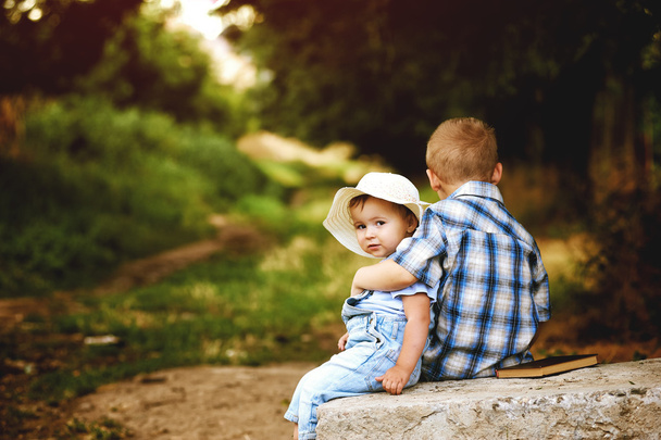 Kaksi lasta, veli ja sisko leikkivät puistossa
 - Valokuva, kuva