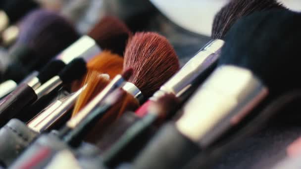 Closeup of professional cosmetics makeup brushes kit in motion - Filmati, video