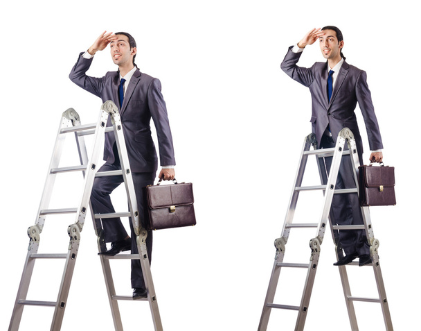 Empresario escalando la escalera aislado en blanco - Foto, Imagen