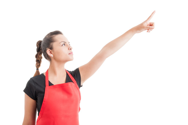 Superhéroe disparado con una empleada apuntando con el dedo hacia arriba
 - Foto, Imagen