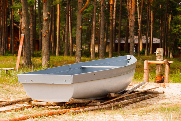 bateau à rames de pêche en bois sur le rivage, fond de pins
 - Photo, image