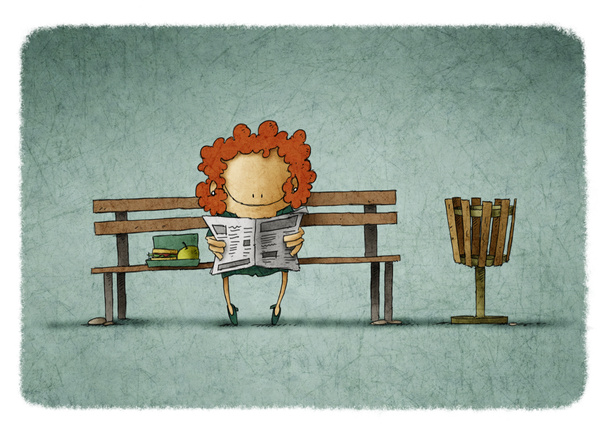 Red-haired businesswoman reading newspaper on bench  - Photo, Image