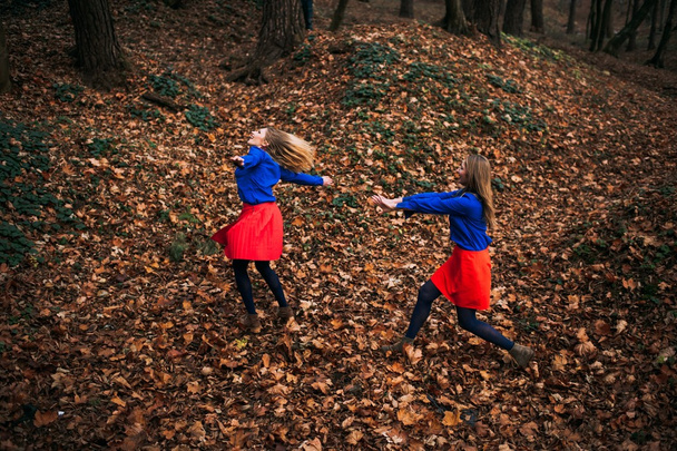 Twin sisters in  forest - Фото, изображение