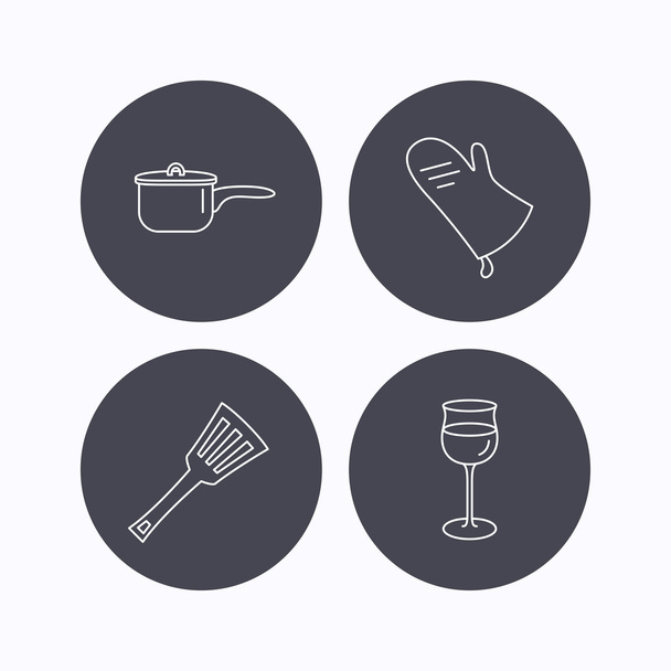 Saucepan, potholder and wineglass icons. - Διάνυσμα, εικόνα