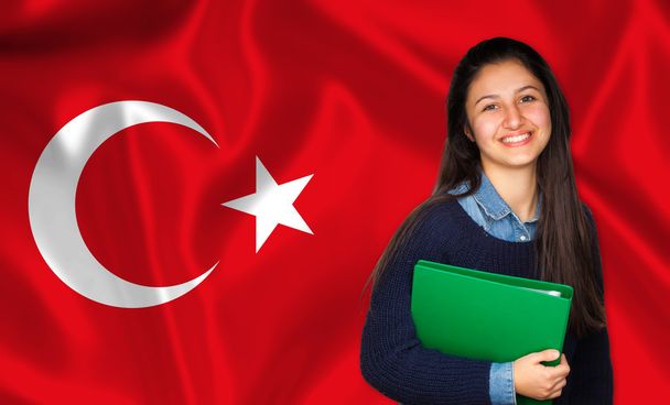 Tiener student lachend over Turk vlag - Foto, afbeelding