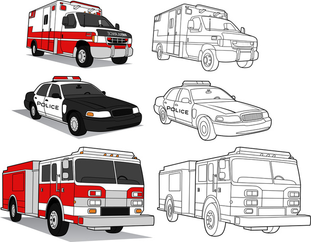ασθενοφόρο, το περιπολικό, πυροσβεστικό όχημα - Διάνυσμα, εικόνα