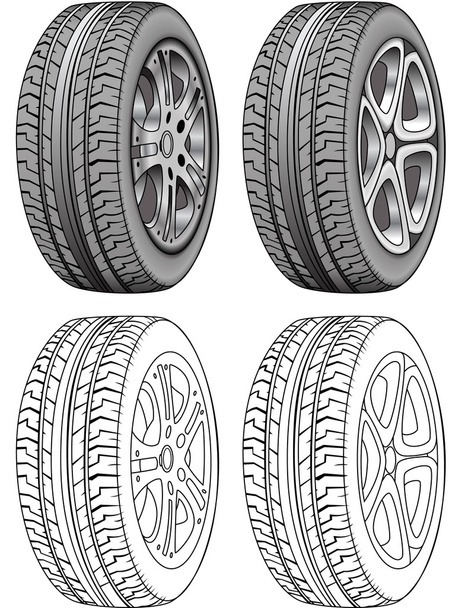 Realistic Rendered tires and tire outlines - Vector, Image