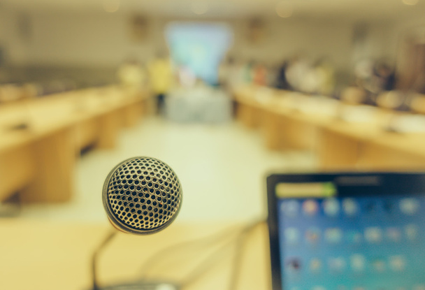 Black microphone in conference room .  ( Filtered image processe - Foto, immagini
