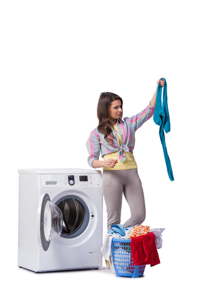 Woman tired after doing laundry isolated on white - Photo, Image